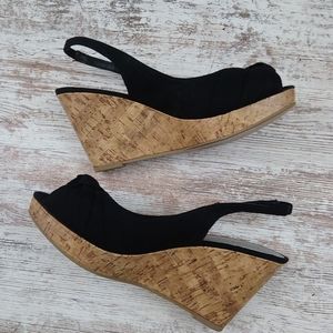 Black Open Toe Slingback Strap Bow Pump Sandal Wedges